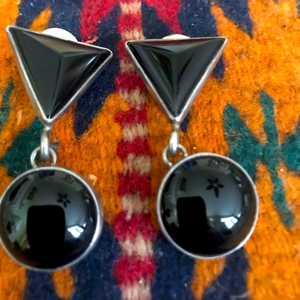 Vintage Black Onyx and Silver Clip-on Earrings